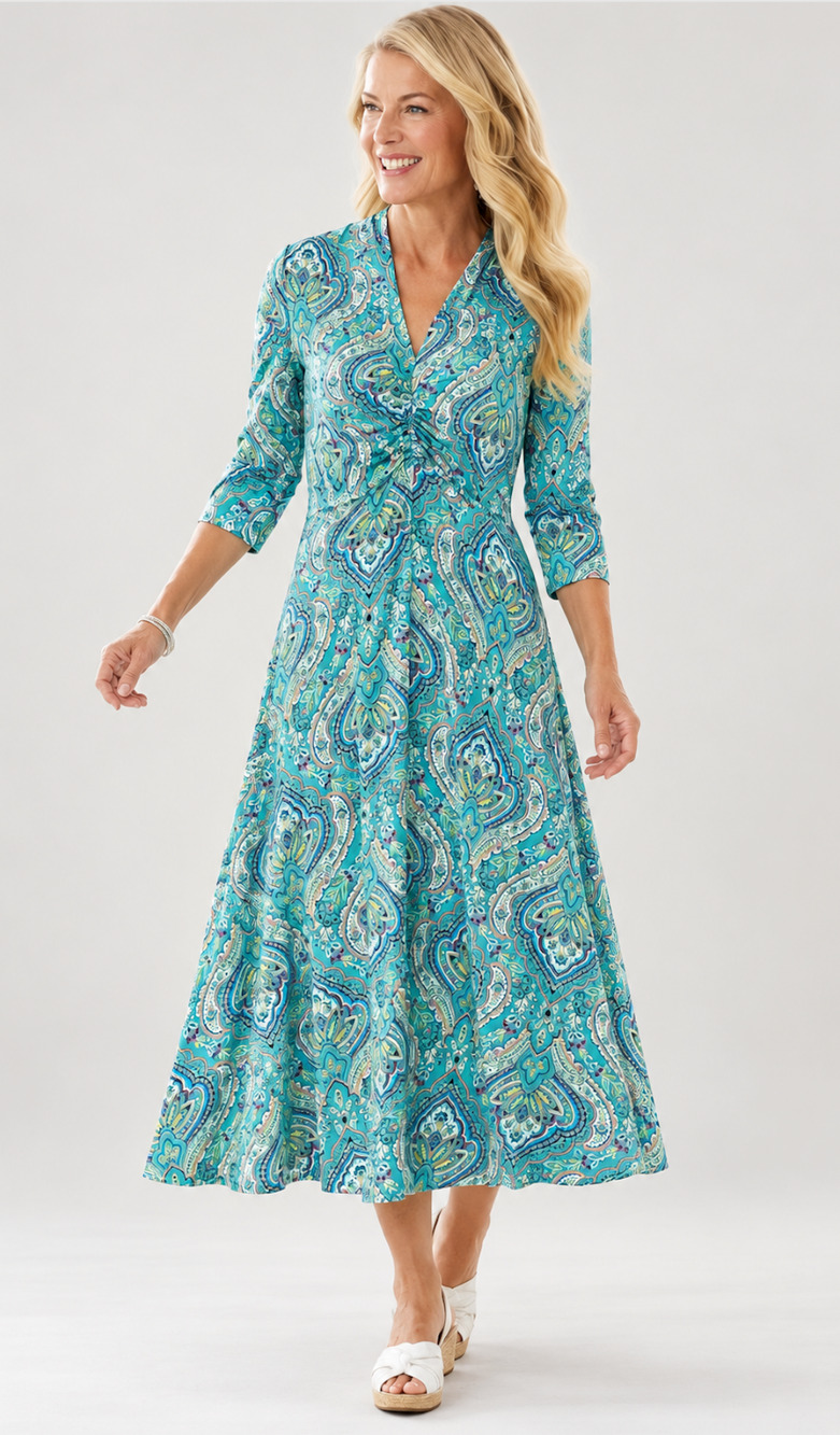 Soft Surroundings Aziza Paisley Midi Dress Aqua Blue Boho NWOT Size 2X